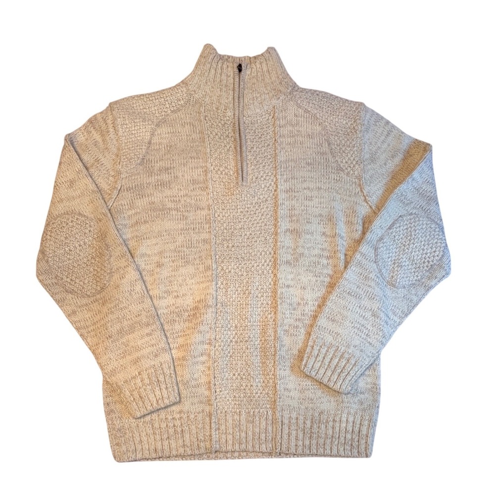 AMONGST OTHERS Mens XL Sweater Pullover Quarter Zip Elbow Patches Knit Beige‎